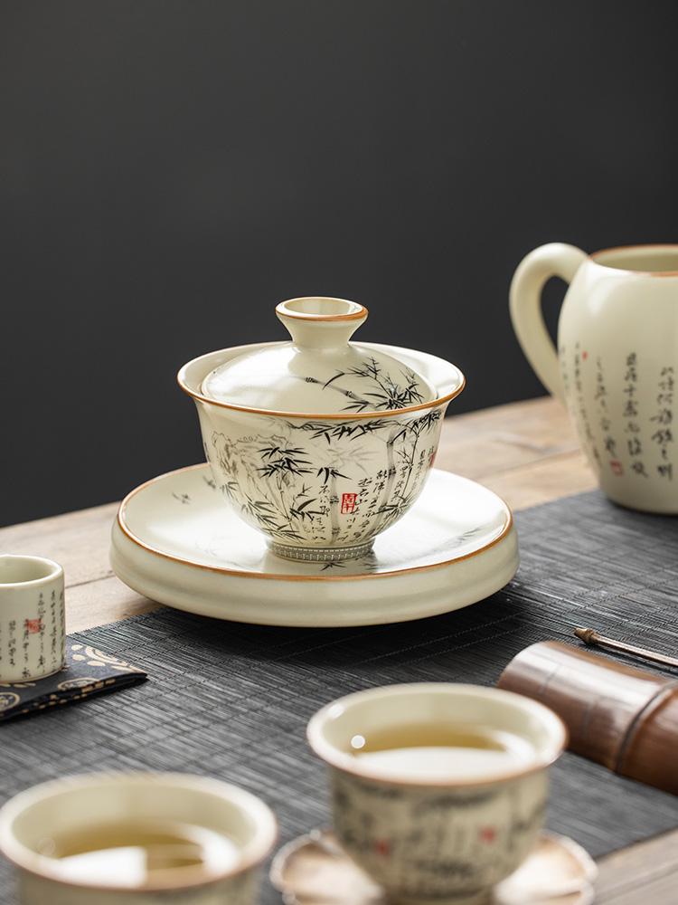 Set Gaiwan din porțelan din bambus negru Ru Kiln de 170 ml pentru pahar de ceai ceașcă de ceai din ceramică galbenă chinezească boluri de ceai pentru ceremonia de ceai
