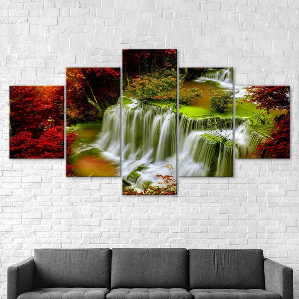 Feenwasserfall Landschaft Leinwand 5 Teile Fünf-Panel Wandbild Moderne Kunst Poster Heimdekor Geschenk für Ihn Für Sie