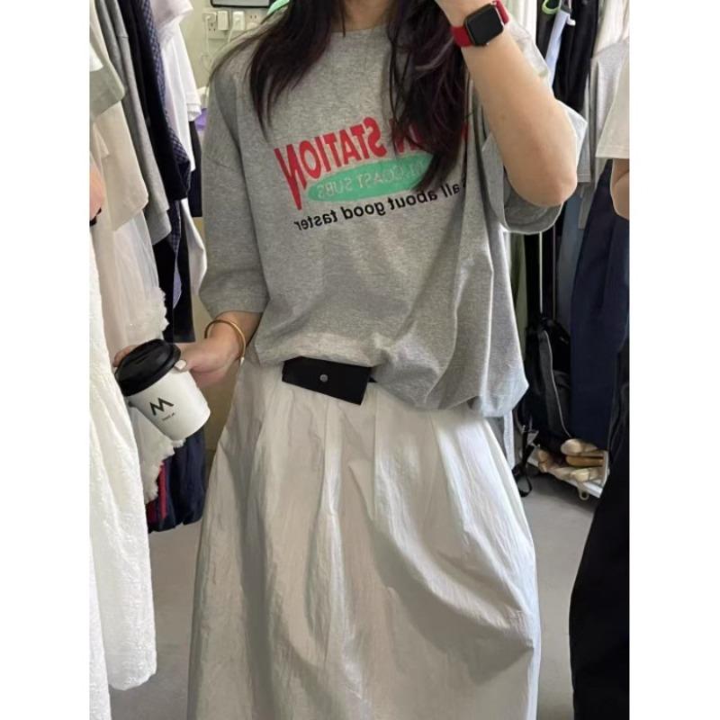 

Letter-printed Short-sleeved T-shirt for Women, Loose-fitting Casual Blouse 2XL сірий колір