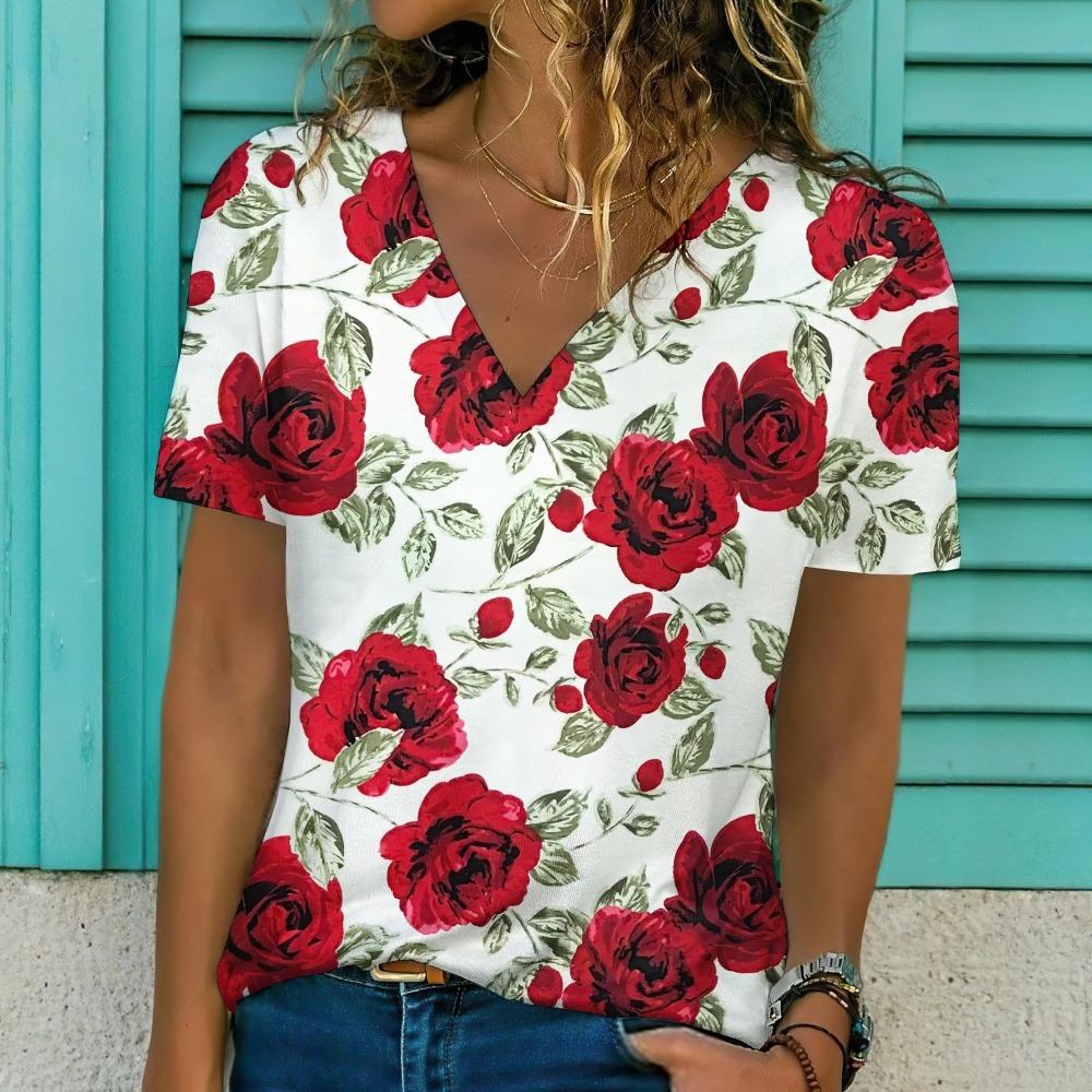 Nowy Damski T-shirt z Nadrukiem Kwiatowym Top Plus Size Odzież Damska Trend Moda Koszulka z Krótkim Rękawem Oversize Bluzka z Dekoltem w Serek