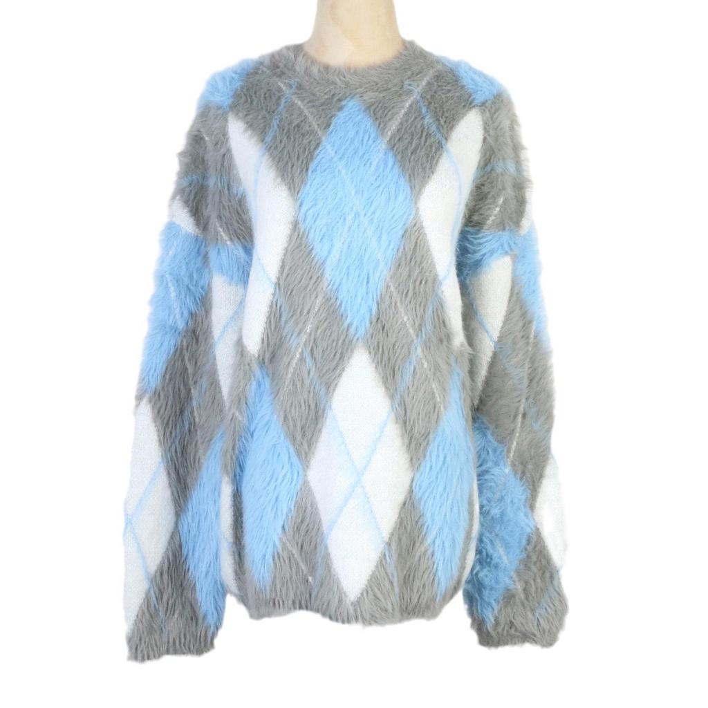 Women's French Argyle Pullover: Soft, Fluffy, Loose-Fit Color Block Sweater for Autumn/Winter, Versatile Round Neck Knit Design.