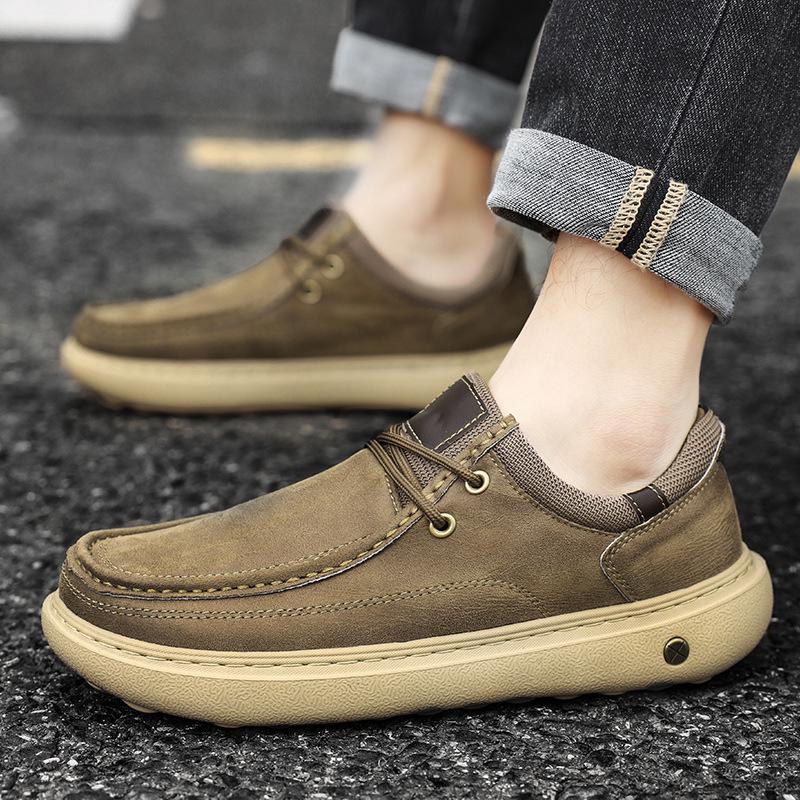 2026 Matte Leather Men's Casual Shoes - Lightweight, Wear-Resistant, Retro Style with Thick Sole - Trendy Spring Driving Footwear