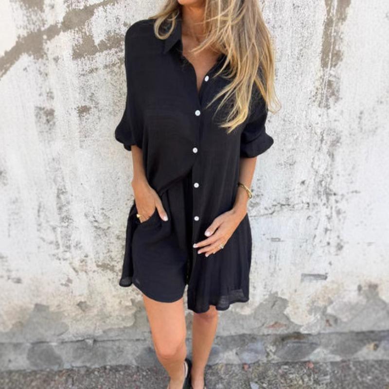 Women's Casual Solid Colour Shorts Long Sleeve Wrinkled Fabric Shirt Two Piece Set