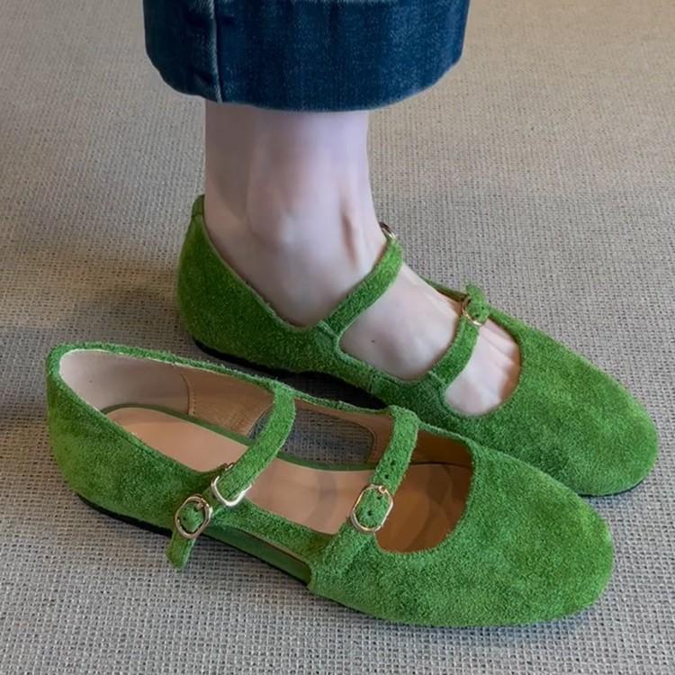 

Sheepskin version~ New leather French retro fairy style hollow one-word buckle with Mary Jane shoes flat single shoes women 40 зелёный