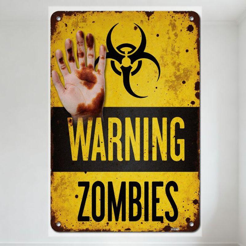 Vintage Rusty Zombie Warning Metal Tin Sign Yellow Black Biohazard Hand Horror Humor Home Bar Man Cave Decor