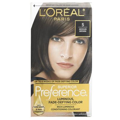 L'Oréal, ausgezeichnete Vorliebe, helle Farbe, nicht verblassende Farbe, mittelbraun nein. 5, 1 Mal