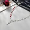 Fashion Style Cross Pendant, Collarbone Necklace, Simple Imitation Pearl Crystal Chain Necklace For Women