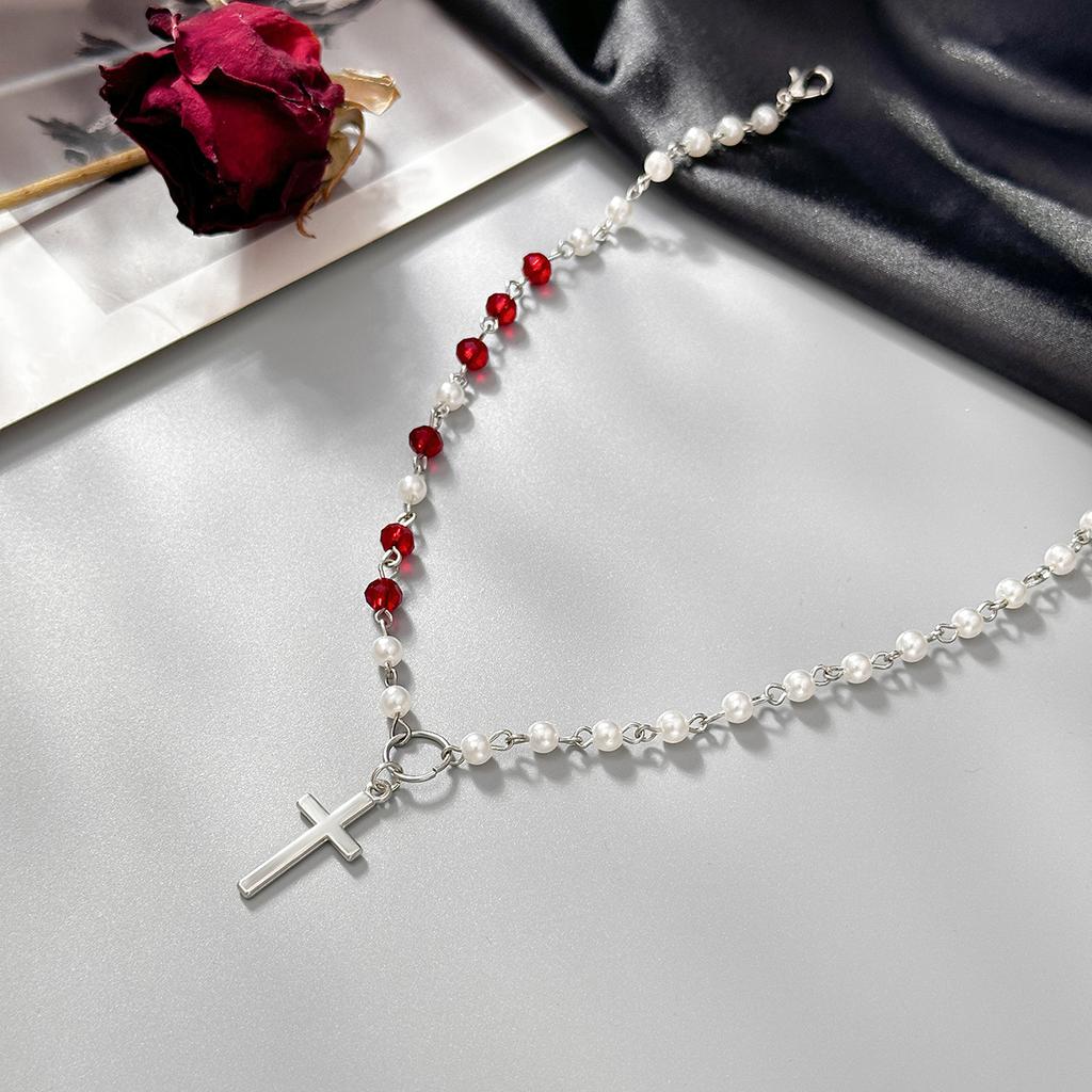 Fashion Style Cross Pendant, Collarbone Necklace, Simple Imitation Pearl Crystal Chain Necklace For Women