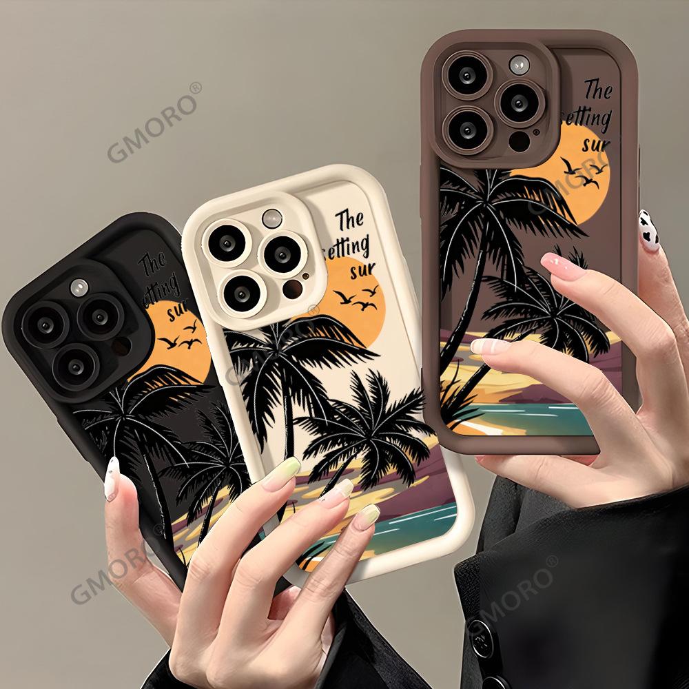 Europe and the United States list sunset coconut tree is suitable for Apple 16pro summer mobile phone case iPhone15 advanced silicone soft case