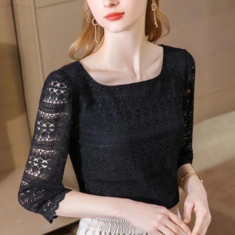 Lace Bottoming Shirt Women's Spring Three-quarter Sleeves A Word Collar Hollow Air Quality Crochet Small Shirt Slim Top