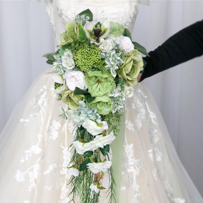 Delicate LimeGreen Rose Display Bouquets Artificial Flower Decorations Bride and Bridesmaids Long Bouquets for Wedding