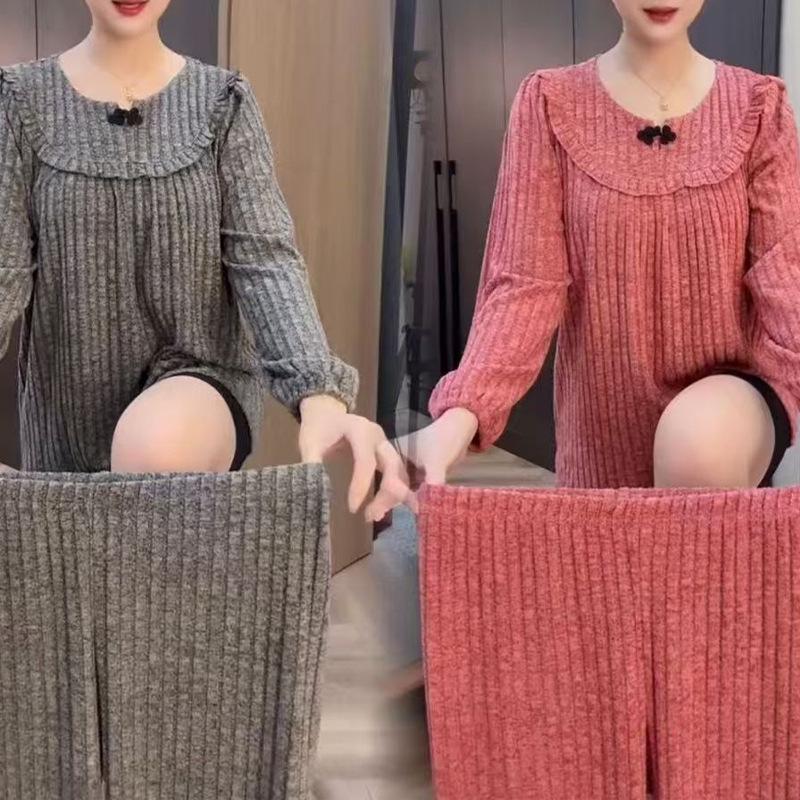 Women's Corduroy Pajama Set - One-Piece, Round Neck, Loose, Comfortable Home Wear for Autumn/Winter