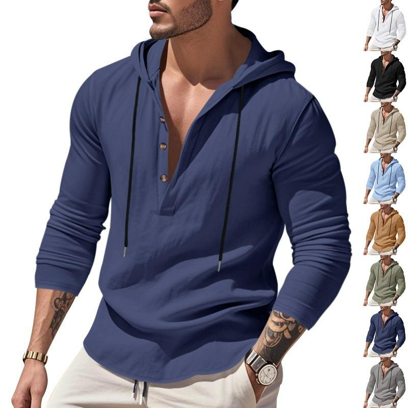 Men's Spring and Autumn Long-sleeved Linen Shirt Hooded Bottoming Shirt Casual T-shirt Sweater Men