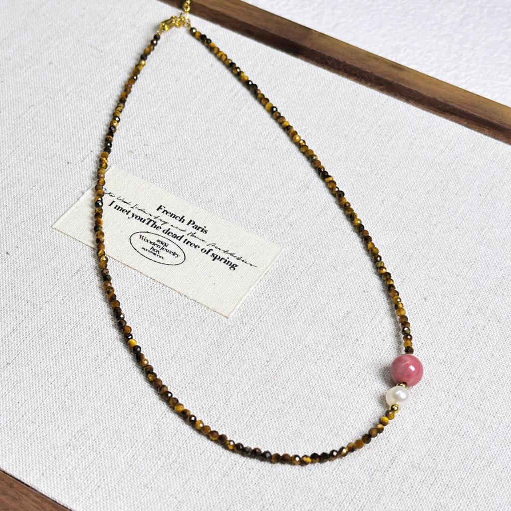 Maillard Style Natural Stone & Pearl Beaded Necklace - Tiger Eye & Pink Rose Choker