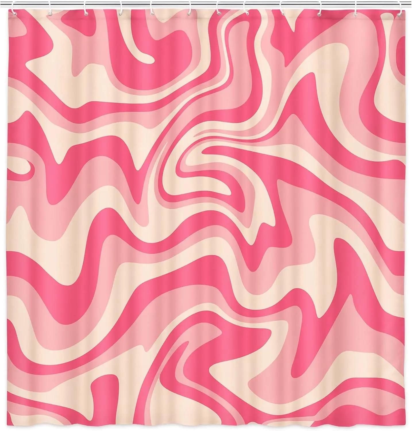

Pink shower curtain, aesthetic 80 s abstract wave swirl cute beige bohemian shower curtain, retro simple bathroom accessories 90X180CM