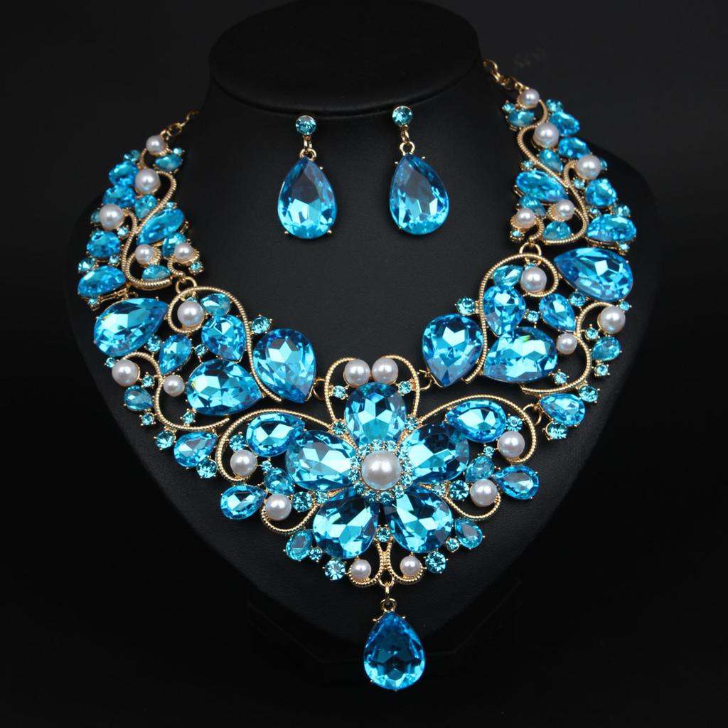 Exaggerated Crystal Flower Water Droplet Necklace Earring Set Women Dress Banquet Accessories