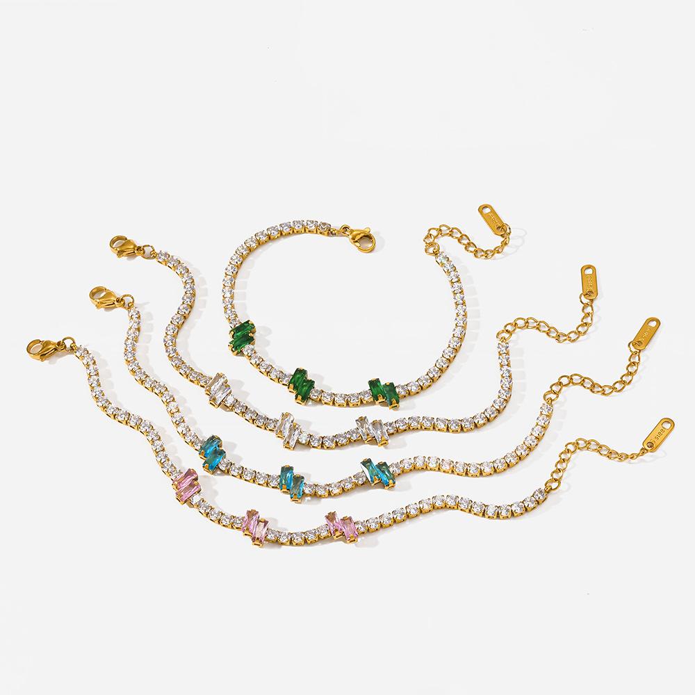 Vibrant Multicolor Baguette Zircon Tennis Bracelet Gold Plated Stainless Steel Chain Women Sparkling Bracelet