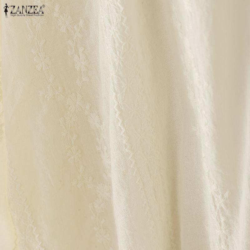 ZANZEA Women Vintage Round Neck Short Sleeves Semi-Sheer Embroidery Blouses