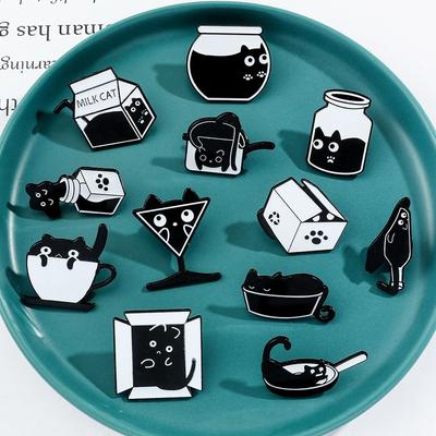 Liquid Cat Series Black Cat In Water Cup Brooch Fish Tank Jar Black Cat Enamel Pin Funny Cup Cat Metal Badge