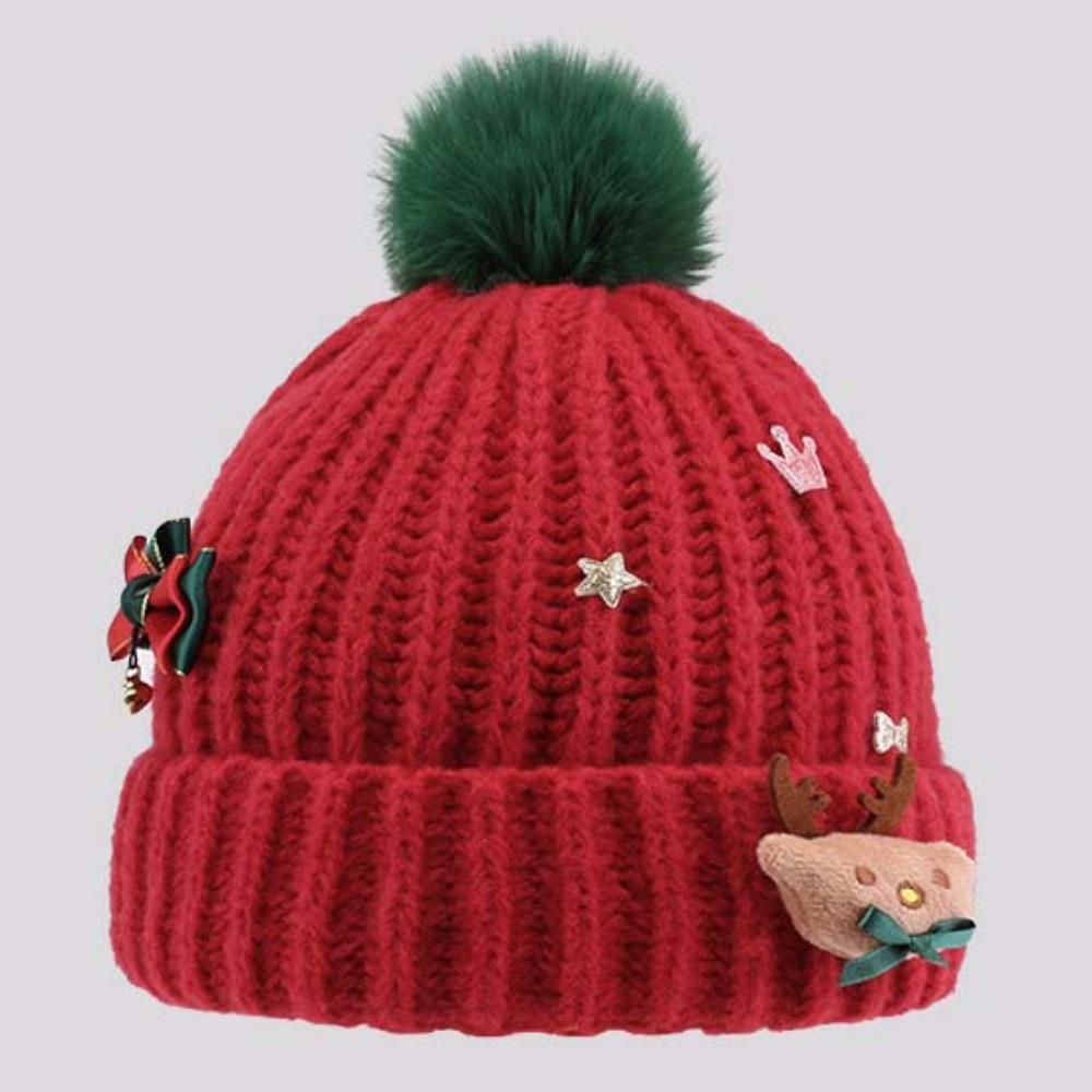 Bow Red Knitted Woolen Hat Warm Thickened Brimless Cap Fashion Big Pullover Hat  Girls
