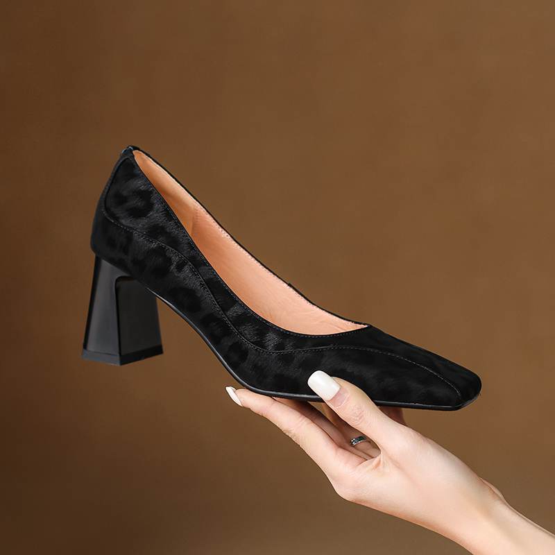Krazing Pot Vintage Full Grain Leather Summer Autumn Thick High Heels Party Shoes Women Square Toe Leopard Prints Pumps