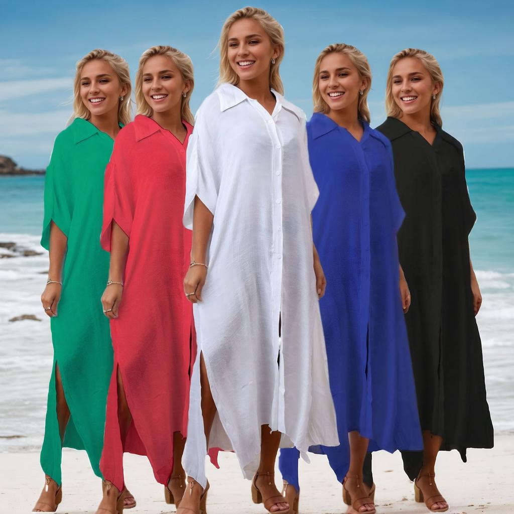 Women's Solid Color Beach Cover Up Loose Long Button Down Shirt Dress, Open Front Vacation Robe 0994 KTY