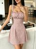 French Floral Gradient Spaghetti Strap Dress - Elastic Waist, Summer Vacation Style