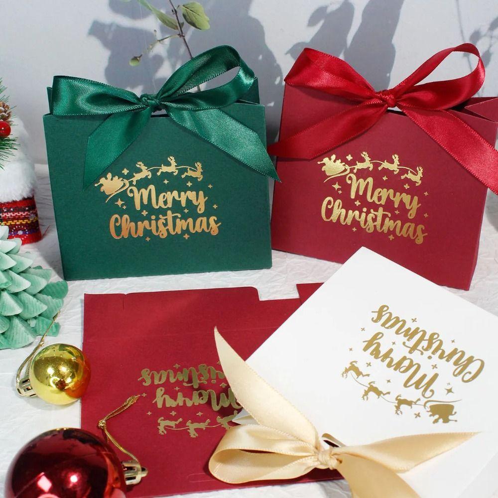 10 Stück Schleifen Weihnachtsgeschenkboxen Festliches 'Frohe Weihnachten' Design Mini Süßigkeitenbox Schlichte Große Kapazität