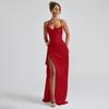 Herbst Socialite Elegantes Schlank geschnittenes Satin-Rüschen-Schlitzkleid