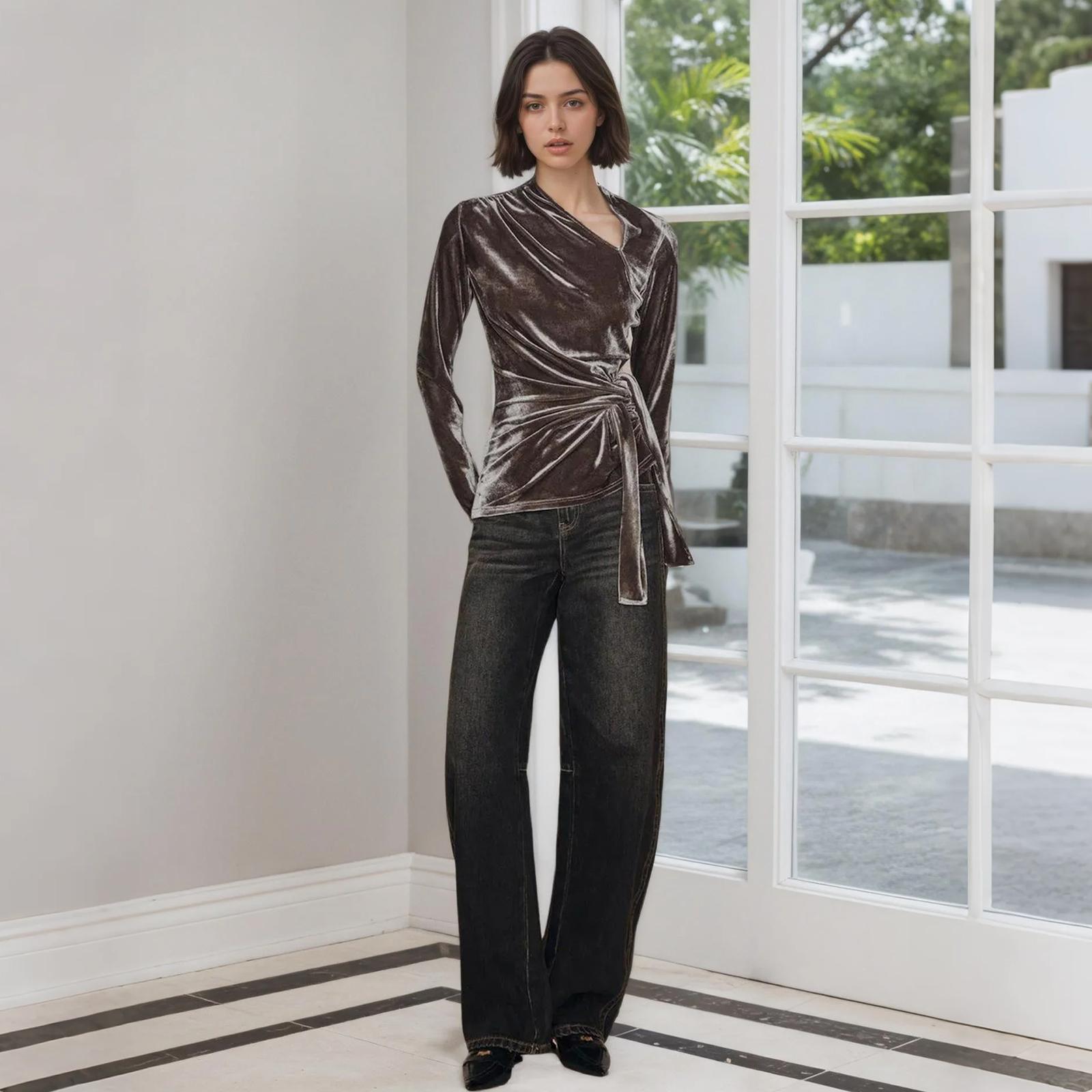 

Women s Open-neck Long-sleeved Base Layer Top With Knotted Tie, Slim Fit, Elegant Gold Velvet Top XL коричневый