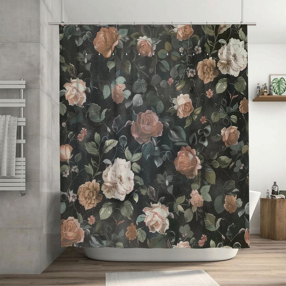 Luxury Floral Print Shower Curtain Dark Green Beige Colorful Water Repellent Bath Room Decoration Waterproof Curtain For Home De