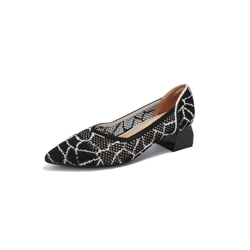 Spring and summer hollow flying knitting breathable knitting women's shoes pointed thick heel medium heel single shoes
