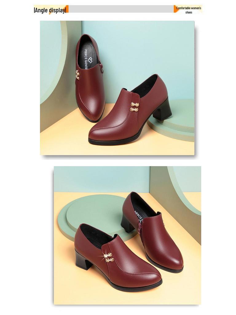 Burgundy Chunky Heel Soft Leather Shoes for Women - Spring & Autumn 2022, Comfortable for Middle-Aged & Elderly