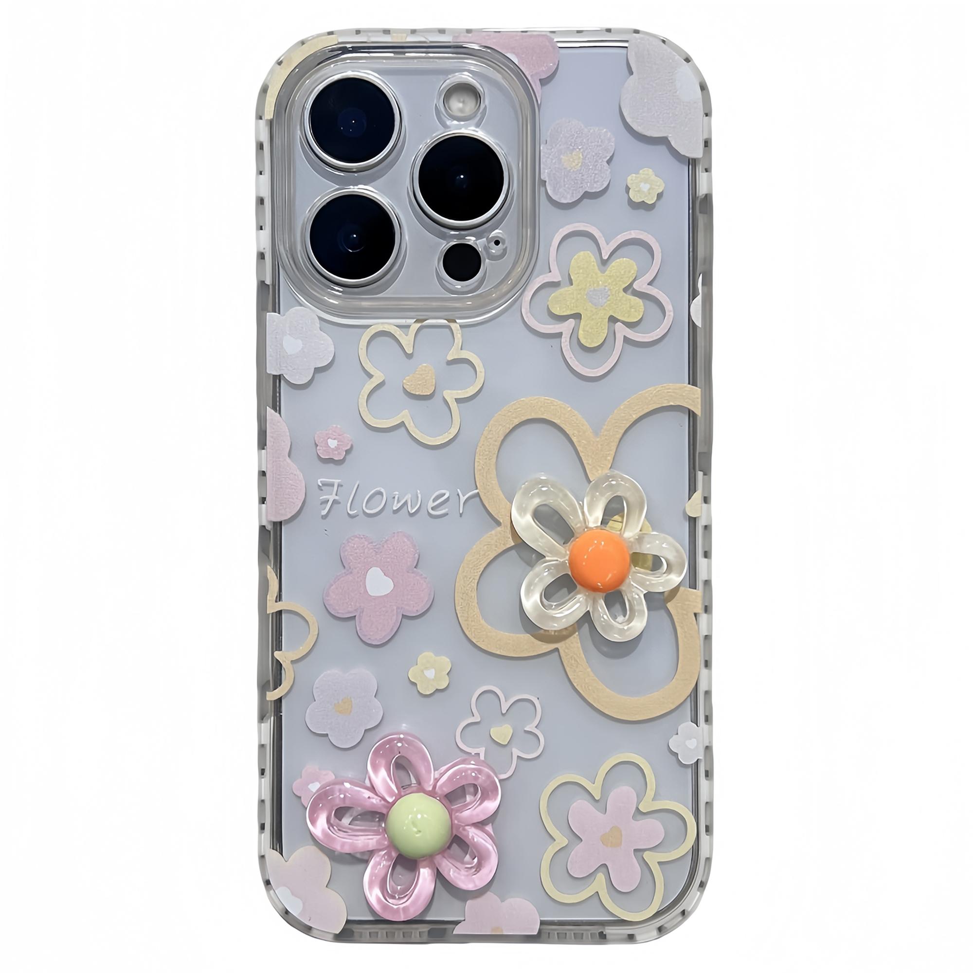 

For iPhone 16 Pro Case Grid Frame 3D Flower Design TPU Phone Cover White