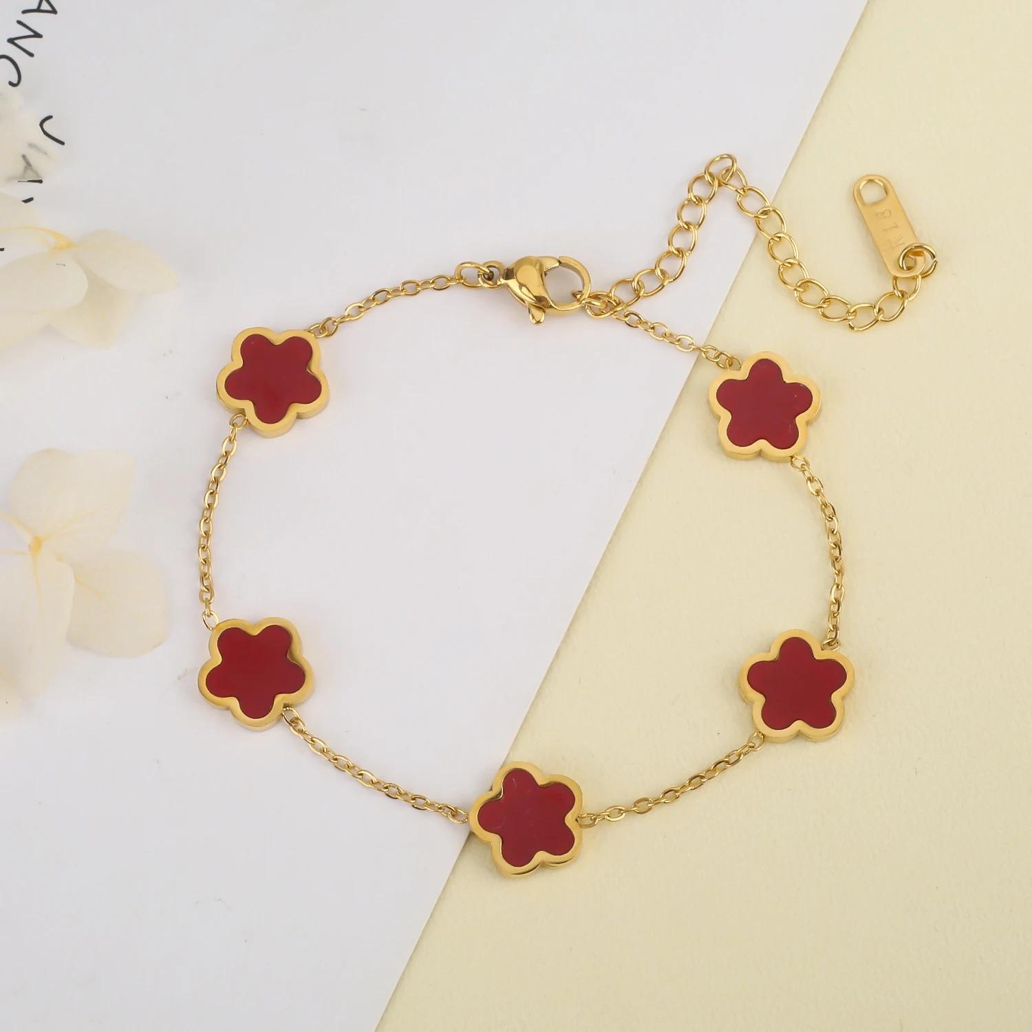 Hochwertiger Edelstahl Fünfblatt-Blumen-Set Armband Halskette Ohrringe Schlicht für Frau Party Geburtstag Zirkon Geschenk Klee beige