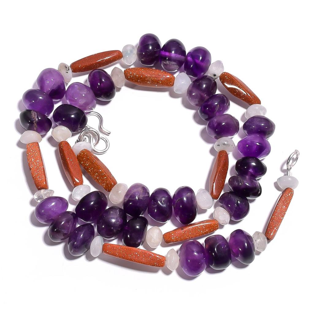 Natur-Amethyst Gold-Sandstein Mondstein Edelsteinperlen Halskette 17" UB-4204 UB-4204