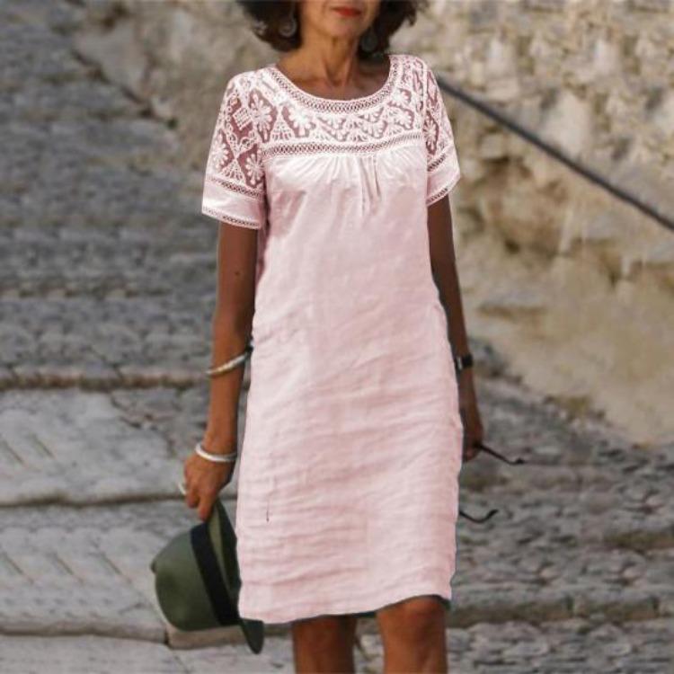 Summer Women Casual Loose Cotton Linen Mini Dress Short Sleeve Round Neck Lace Sundress Beach Short Dresses