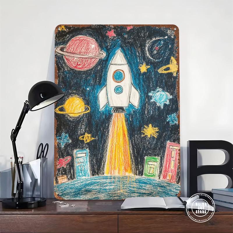 Space Rocket Drawing Poster Customized Wall Art Vintage Metal Signs Retro Tin Plaque for Man Cave Room Decoration Wand Deko Home