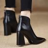 Fashion Black Leather Heeled Fleece-Lined Woman Short Shoes Autumn Winter Pointed Toe Ankle Boots for Women Designer Luxury Goth Booties