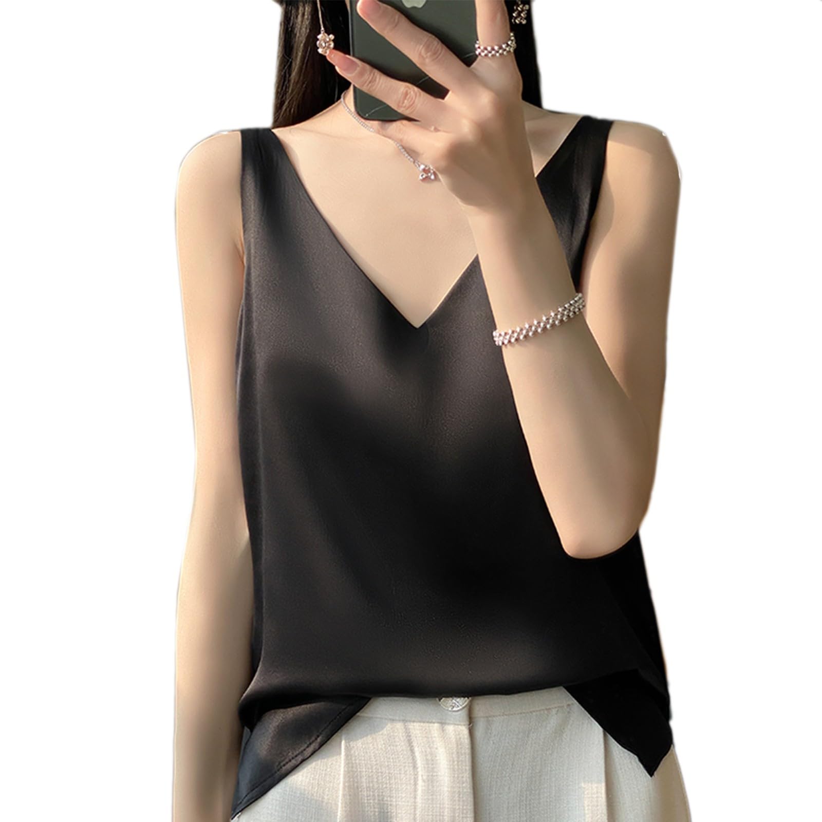 

Niliv Simple Silk Tank Silk Solid Stretch Size Women s V-Neck Camisole, Underwear, Top, Pajamas, Sleepwear, Satin, Summer, Breathable, Color, чёрный