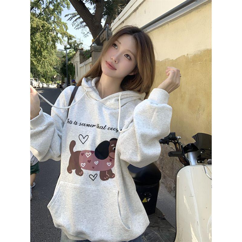 Kumikumi Idle Style Puppy Printed Loose Hooded Sweatshirt Women Fall Minority All-Match Loose Slim Looking
