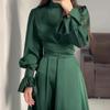 Fall Spring Lady Dress Puff Sleeves Tight Waist Stand Collar Pure Color A-line Pleated Shopping Commuting Party Prom Maxi Dress