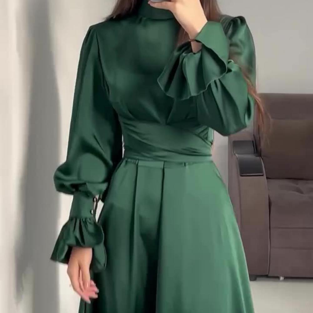 Fall Spring Lady Dress Puff Sleeves Tight Waist Stand Collar Pure Color A-line Pleated Shopping Commuting Party Prom Maxi Dress
