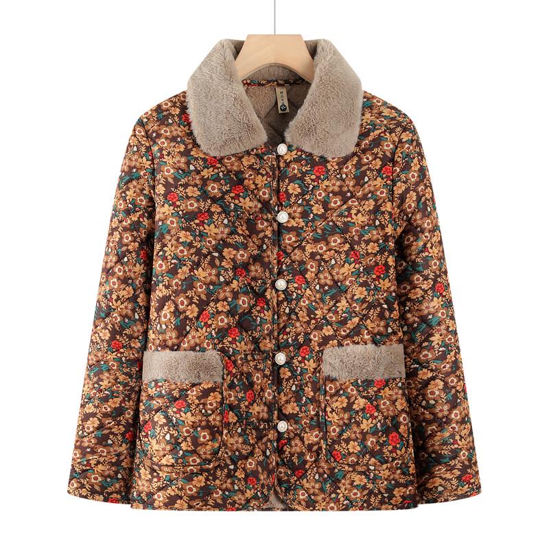 Yalu Damen Wintermantel mit Blumenmuster, Wattierung und Pelzkragen