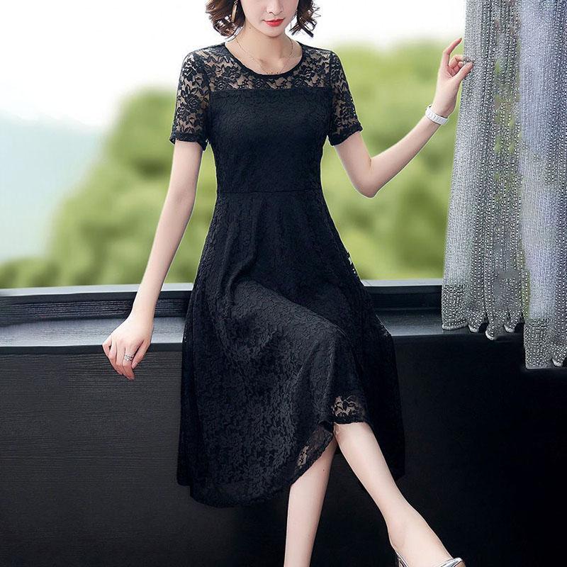 Sexy Lace Dress Women's Short Sleeve Summer Mid Length Dress Ladies Style Slim Dress Solid Color Casual Dress