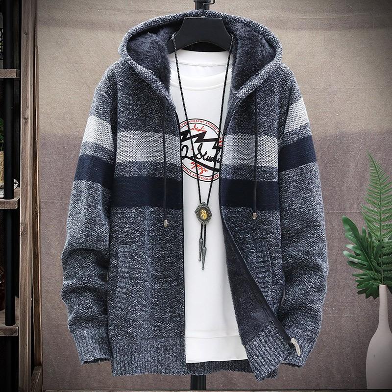 Men Autumn Winter Thick Warm Striped Sports Cardigan Youth Loose Oversized Zip Up Sweater