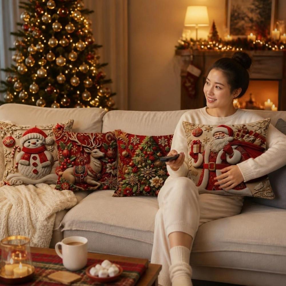 4PCS Snowman Holiday Cushion Cover Santa Claus Xmas Pillow Cover Home Holiday Decor