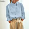 Womens High Neck Long Sleeve Blouse Asymmetrical Button Casual Cotton Shirts Tops