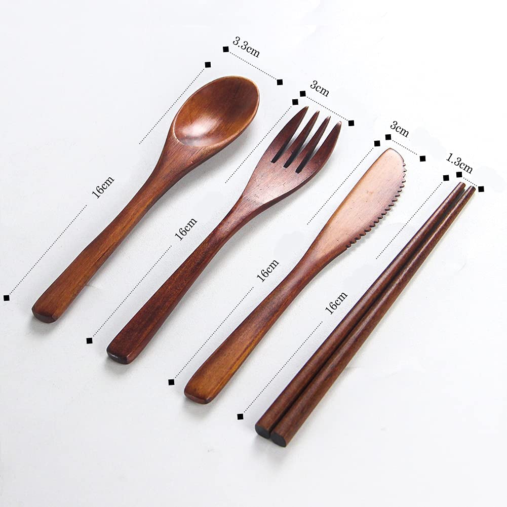 YFWOOD Cutlery Set Fork Spoon Chopsticks Knife Storage Bag Set Total Length 16cm Wooden Lightweight Suitable for Children Lunch Box Camping Outdoor