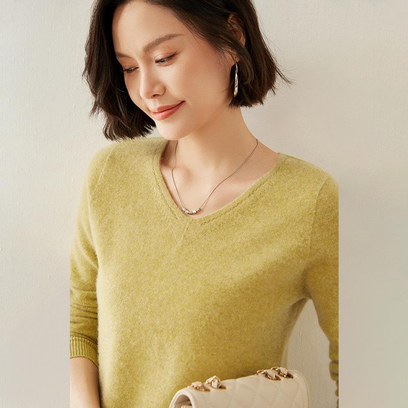 Women's V-Neck Cashmere Sweater - Slim Fit, Hollow Knit Pullover for Autumn/Winter